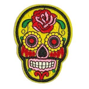 Yellow Sugar Skull Iron on Patch Embroidered Rose Floral Day of the Dead Small